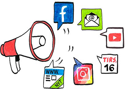 Illustration. Gå ikke glip af nyheder, facebook, nyhedsbreve, instagram og henvisning til Youtube.