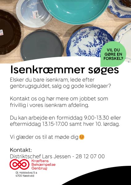 Opslag om frivilligjob som isenkræmmer fra Kræftens Bekæmpelse Genbrug